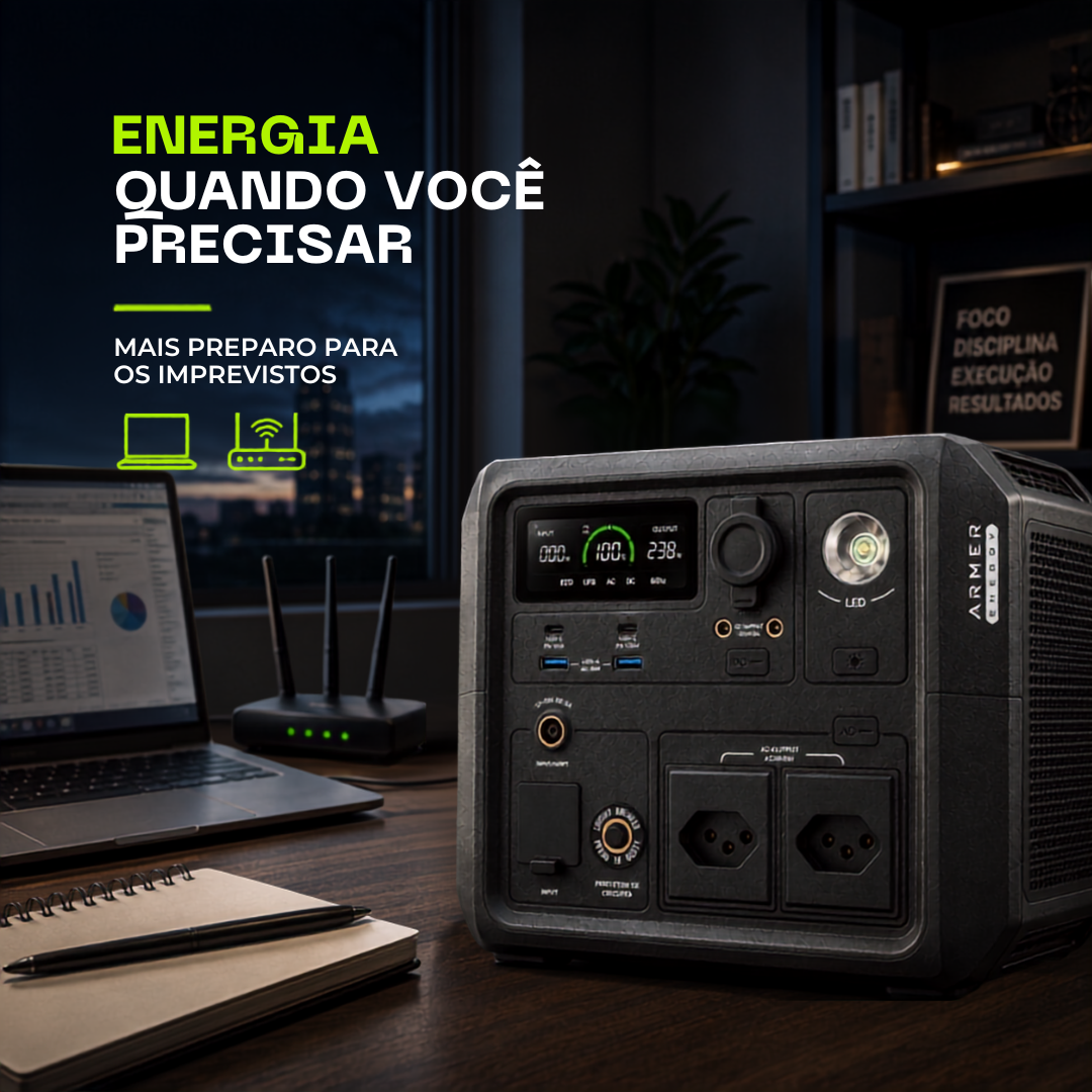 GEN600 em modo UPS mantendo roteador e modem ligados durante queda de energia